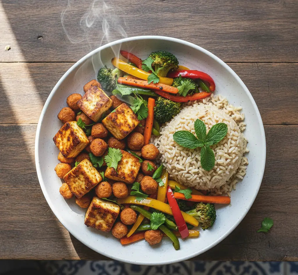 Plated dish with paneer, vegetables, and rice on a wooden table Kolkata