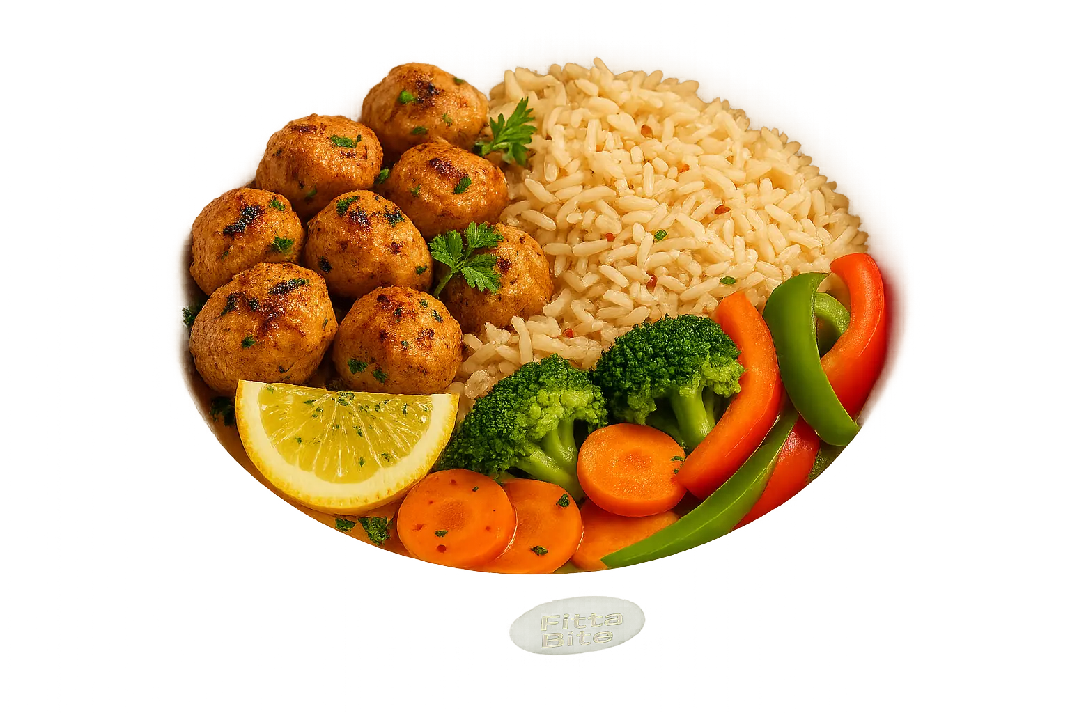 A vibrant, high-protein meal bowl featuring perfectly grilled soya chunks, fluffy brown rice, and fresh colorful vegetables like broccoli, carrots, and capsicum, lightly drizzled with olive oil. The bowl is placed on a clean white background, with soft natural lighting highlighting the textures. Garnished with fresh herbs, spices, and a slice of lemon on the side. Fitta Bite logo subtly visible on the bowl or sticker, styled for a premium healthy meal subscription website.
